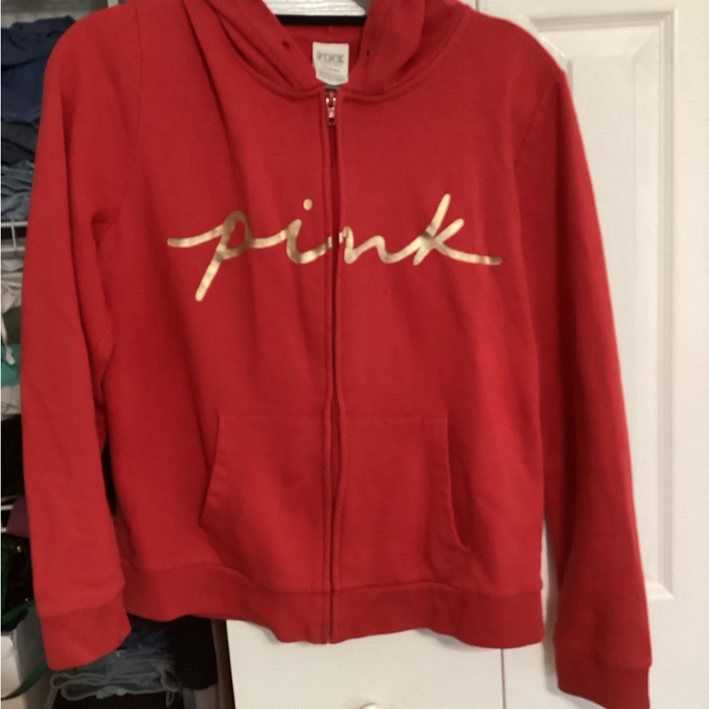 PINK Victoria's Secret' Red Zip-Up Hoodie with Gold Script Logo